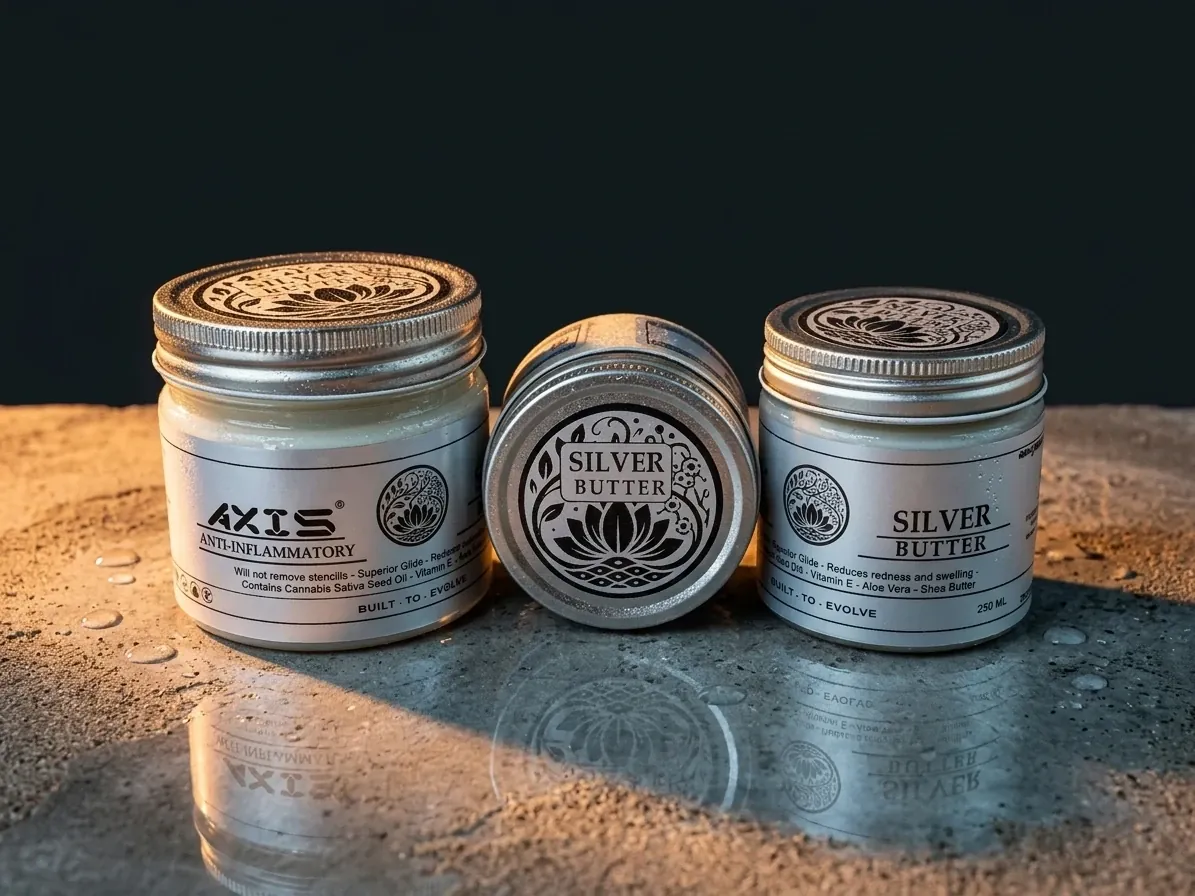 Applying AXIS Silver Butter glide during a tattoo session